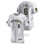 Camiseta Beisbol Hombre Milwaukee Brewers Lorenzo Cain Autentico 2020 Primera Blanco