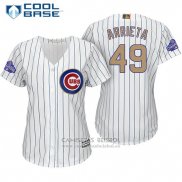 Camiseta Beisbol Mujer Chicago Cubs 49 Jake Arrieta Blanco Oro Cool Base