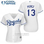 Camiseta Beisbol Mujer Kansas City Royals Salvador Perez 13 Blanco Primera Cool Base