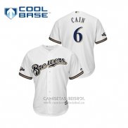 Camiseta Beisbol Hombre Milwaukee Brewers Lorenzo Cain 2019 Postemporada Cool Base Blanco