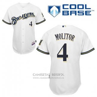 Camiseta Beisbol Hombre Milwaukee Brewers Paul Molitor 4 Blanco Primera Cool Base