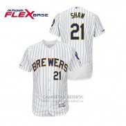 Camiseta Beisbol Hombre Milwaukee Brewers Travis Shaw Autentico Flex Base Blanco Azul