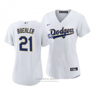 Camiseta Beisbol Mujer Los Angeles Dodgers Walker Buehler 2021 Gold Program Replica Blanco