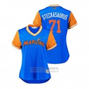 Camiseta Beisbol Mujer Miami Marlins Drew Steckenrider 2018 LLWS Players Weekend Steckasaurus Azul