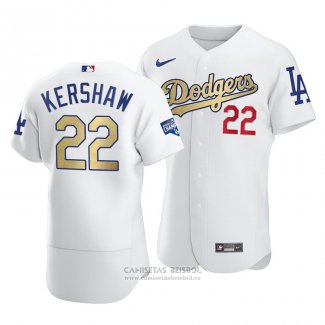 Camiseta Beisbol Hombre Los Angeles Dodgers Clayton Kershaw 2021 Gold Program Patch Autentico Blanco