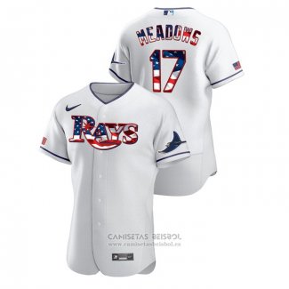 Camiseta Beisbol Hombre Tampa Bay Rays Austin Meadows 2020 Stars & Stripes 4th of July Blanco