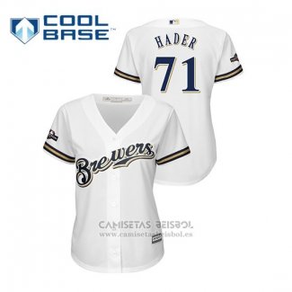 Camiseta Beisbol Mujer Milwaukee Brewers Josh Hader 2019 Postemporada Cool Base Blanco