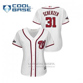 Camiseta Beisbol Mujer Washington Nationals Max Scherzer 2019 Postemporada Cool Base Blanco