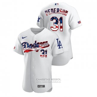 Camiseta Beisbol Hombre Los Angeles Dodgers Joc Pederson 2020 Stars & Stripes 4th of July Blanco