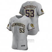Camiseta Beisbol Hombre Milwaukee Brewers Brandon Woodruff Autentico 2020 Road Gris