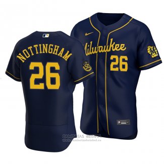 Camiseta Beisbol Hombre Milwaukee Brewers Jacob Nottingham Autentico Alterno Azul