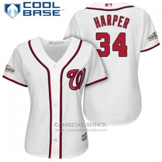 Camiseta Beisbol Mujer Washington Nationals 2017 Postemporada Bryce Harper Blanco Cool Base