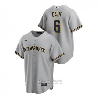 Camiseta Beisbol Hombre Milwaukee Brewers Lorenzo Cain Replica Road Gris