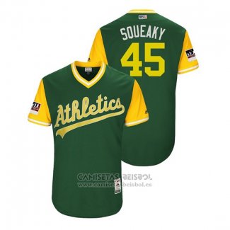 Camiseta Beisbol Hombre Oakland Athletics Jharel Cotton 2018 LLWS Players Weekend Squeaky Verde
