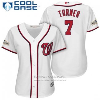 Camiseta Beisbol Mujer Washington Nationals 2017 Postemporada Trea Turner Blanco Cool Base