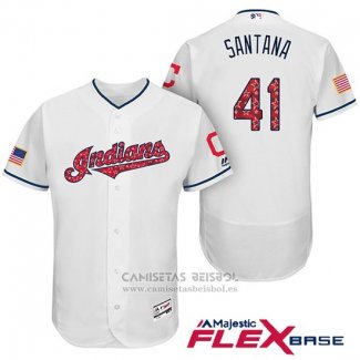 Camiseta Beisbol Hombre Cleveland Indians 2017 Estrellas y Rayas Carlos Santana Blanco Flex Base