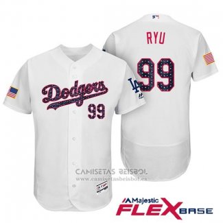 Camiseta Beisbol Hombre Los Angeles Dodgers 2017 Estrellas y Rayas Hyun Jin Ryu Blanco Flex Base