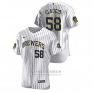 Camiseta Beisbol Hombre Milwaukee Brewers Alex Claudio Autentico 2020 Primera Blanco