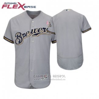 Camiseta Beisbol Hombre Milwaukee Brewers Gris 2018 Dia de la Madre Flex Base