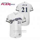 Camiseta Beisbol Hombre Milwaukee Brewers Travis Shaw 2019 Postemporada Flex Base Blanco