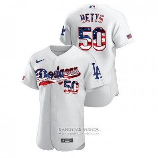 Camiseta Beisbol Hombre Los Angeles Dodgers Mookie Betts 2020 Stars & Stripes 4th of July Blanco