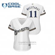 Camiseta Beisbol Mujer Milwaukee Brewers Mike Moustakas 2019 Postemporada Cool Base Blanco