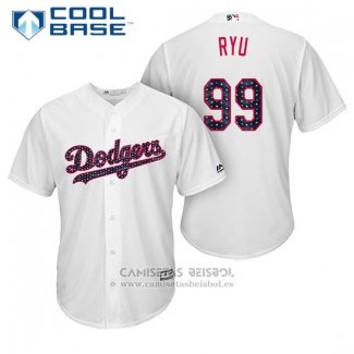 Camiseta Beisbol Hombre Los Angeles Dodgers 2017 Estrellas y Rayas Hyun Jin Ryu Blanco Cool Base