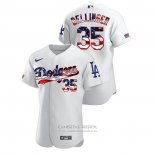 Camiseta Beisbol Hombre Los Angeles Dodgers Cody Bellinger 2020 Stars & Stripes 4th of July Blanco