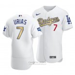 Camiseta Beisbol Hombre Los Angeles Dodgers Julio Urias 2021 Gold Program Patch Autentico Blanco