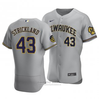 Camiseta Beisbol Hombre Milwaukee Brewers Hunter Strickland Autentico Road Gris