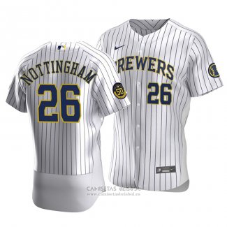 Camiseta Beisbol Hombre Milwaukee Brewers Jacob Nottingham Autentico Primera Blanco