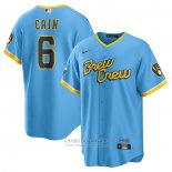 Camiseta Beisbol Hombre Milwaukee Brewers Lorenzo Cain 2022 City Connect Replica Azul