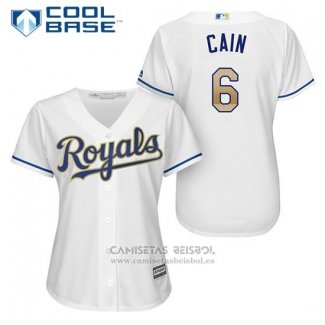 Camiseta Beisbol Mujer Kansas City Royals 6 Lorenzo Cain Blanco 2017 Cool Base