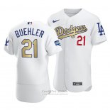 Camiseta Beisbol Hombre Los Angeles Dodgers Walker Buehler 2021 Gold Program Patch Autentico Blanco