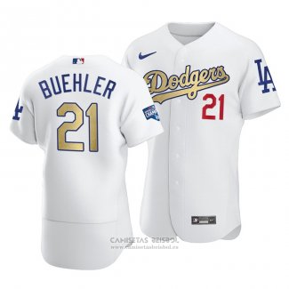 Camiseta Beisbol Hombre Los Angeles Dodgers Walker Buehler 2021 Gold Program Patch Autentico Blanco