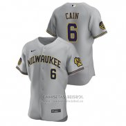 Camiseta Beisbol Hombre Milwaukee Brewers Lorenzo Cain Autentico 2020 Road Gris