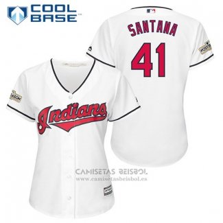 Camiseta Beisbol Mujer Cleveland Indians 2017 Postemporada 41 Carlos Santana Blanco Cool Base