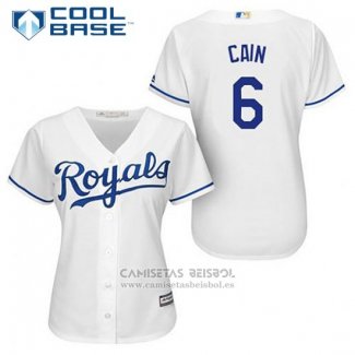 Camiseta Beisbol Mujer Kansas City Royals Lorenzo Cain 6 Blanco Primera Cool Base