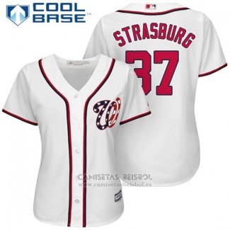 Camiseta Beisbol Mujer Washington Nationals 37 Stephen Strasburg Blanco 2017 Cool Base