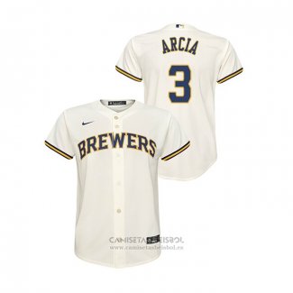 Camiseta Beisbol Nino Milwaukee Brewers Orlando Arcia Replica Primera Crema