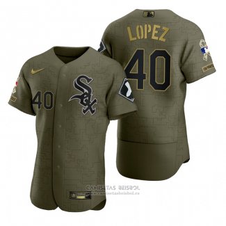 Camiseta Beisbol Hombre Chicago White Sox Reynaldo Lopez Camuflaje Digital Verde 2021 Salute To Service