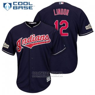 Camiseta Beisbol Hombre Cleveland Indians 2017 Postemporada 12 Francisco Lindor Azul Cool Base