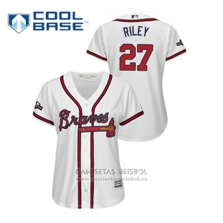 Camiseta Beisbol Mujer Atlanta Braves Austin Riley 2019 Postemporada Cool Base Blanco