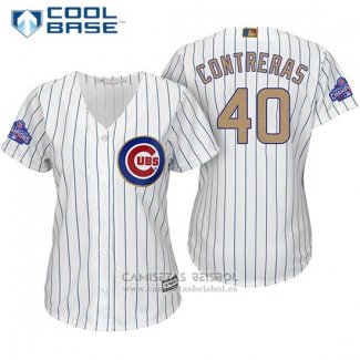 Camiseta Beisbol Mujer Chicago Cubs 40 Willson Contreras Blanco Oro Cool Base