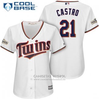 Camiseta Beisbol Mujer Minnesota Twins 2017 Postemporada Jason Castro Blanco Cool Base