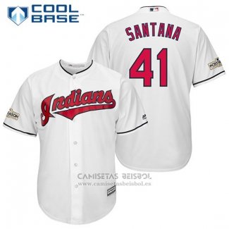 Camiseta Beisbol Hombre Cleveland Indians 2017 Postemporada 41 Carlos Santana Blanco Cool Base