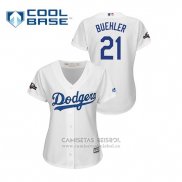 Camiseta Beisbol Mujer Los Angeles Dodgers Walker Buehler 2019 Postemporada Cool Base Blanco