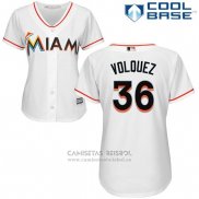 Camiseta Beisbol Mujer Miami Marlins 36 Edinson Volquez Blanco Cool Base
