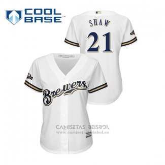 Camiseta Beisbol Mujer Milwaukee Brewers Travis Shaw 2019 Postemporada Cool Base Blanco