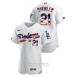 Camiseta Beisbol Hombre Los Angeles Dodgers Walker Buehler 2020 Stars & Stripes 4th of July Blanco